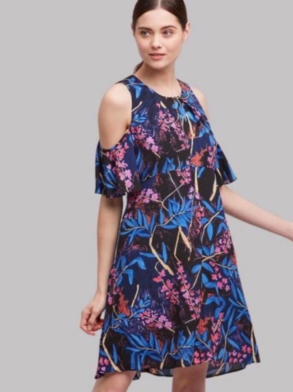 Anthropologie Maeve Elia Cold Shoulder Midi Dress 14 tropical botanical floral - Picture 4 of 13